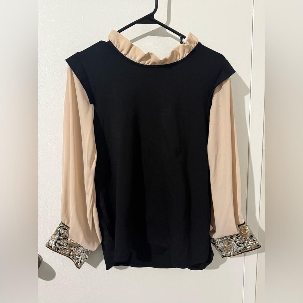 Dixie Black Blouse Sheer Blush Sleeves Embroidered Cuffs Size M